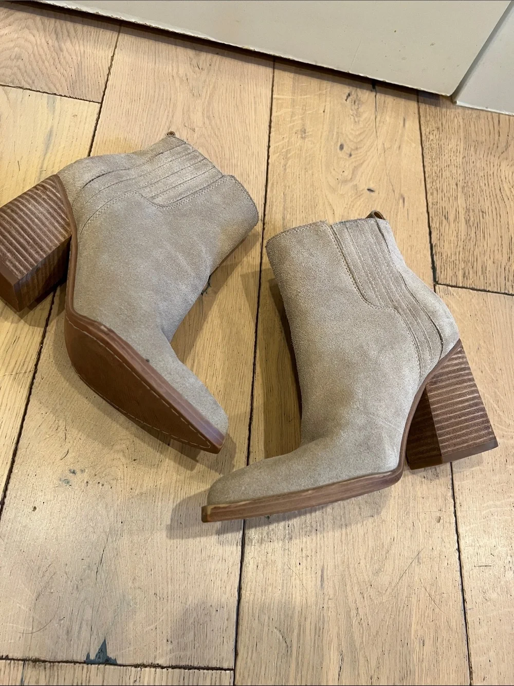 Marc Fisher Taupe Suede Pointed-Toe Block Heel Ankle Boots